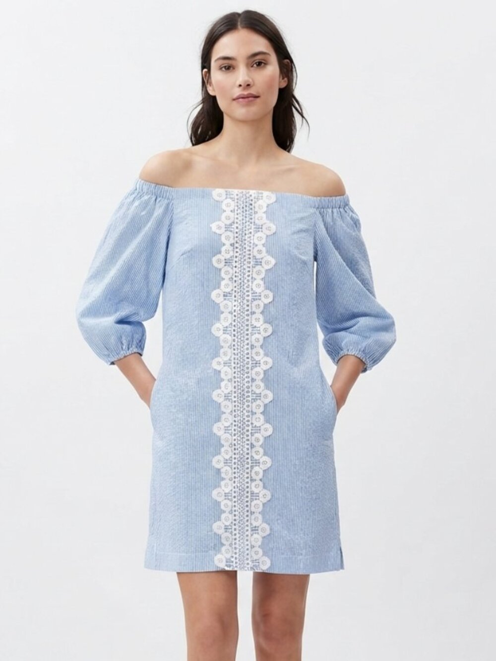 Eliza J Lace Trim Seersucker Striped Off Shoulder Dress Pockets Blue/White 8